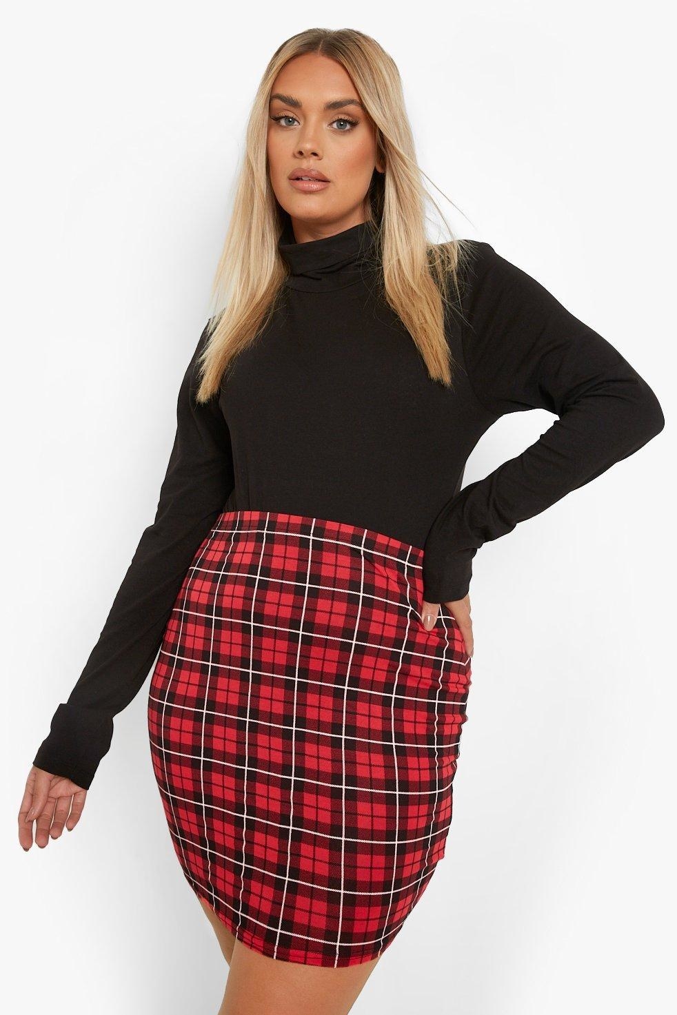 model in black turtleneck and red check mini skirt