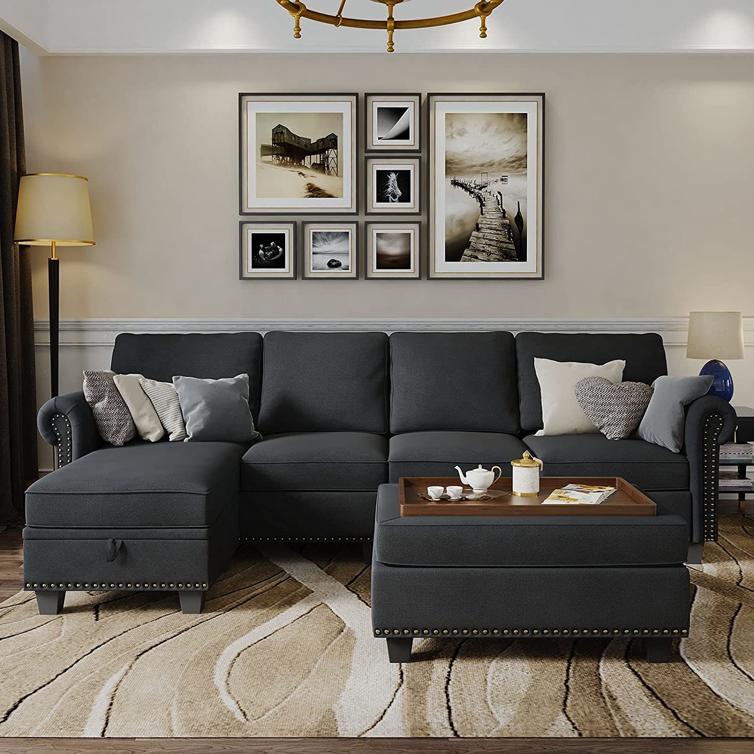 dark gray sectional sofa and ottoman with tray built in to the lid