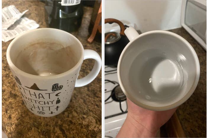 white coffee mug with dark coffee and tea stains, then the same mug completely white and not stained after cleaning with the denture cleaning tablets