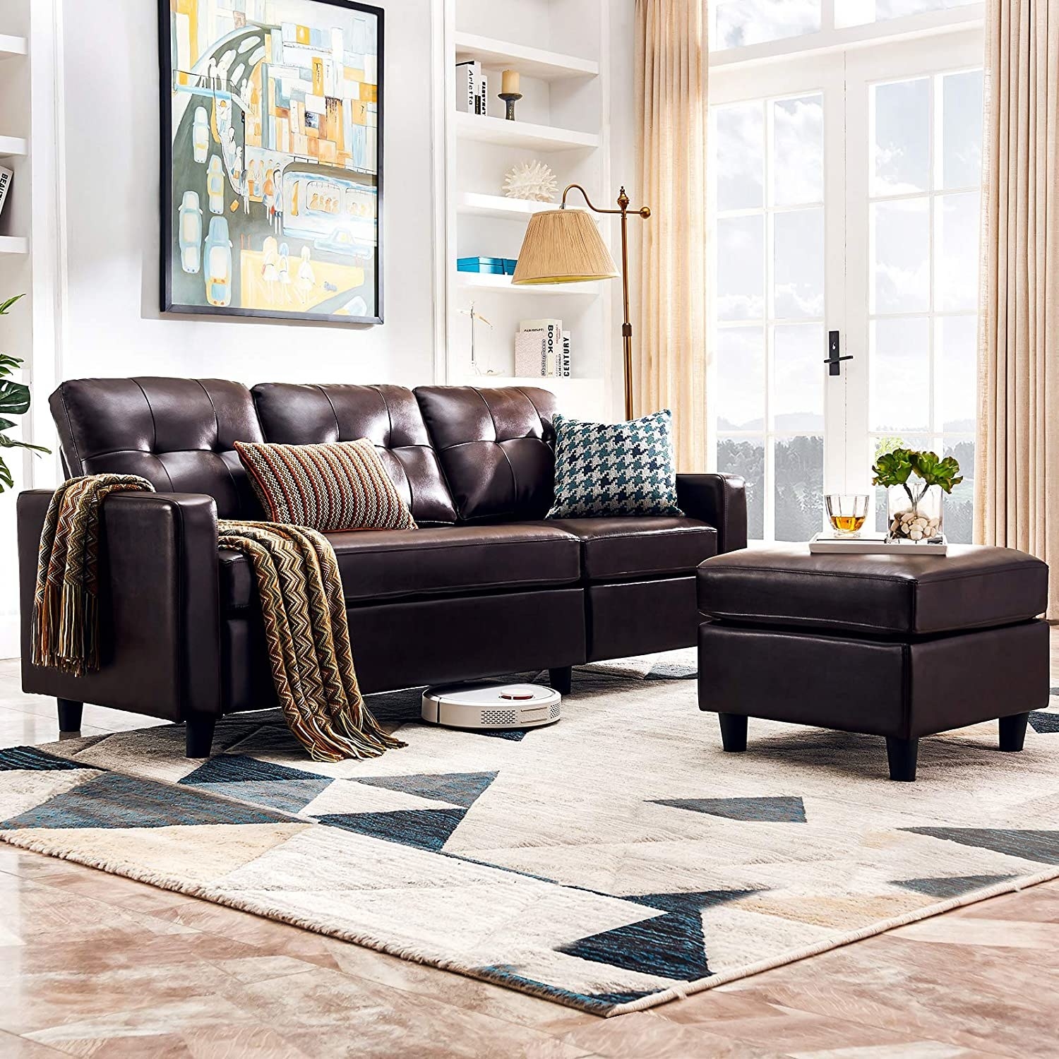 brown faux leather sectional with ottoman separated