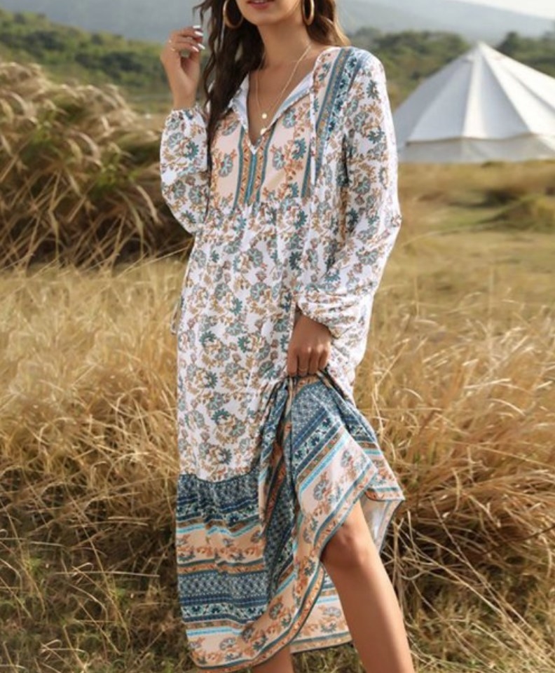 A khaki/blue, long-sleeve, bohemian maxi dress