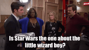 GIF of Ron Swanson asking Ben “Is Star Wars the one about the little wizard boy?”