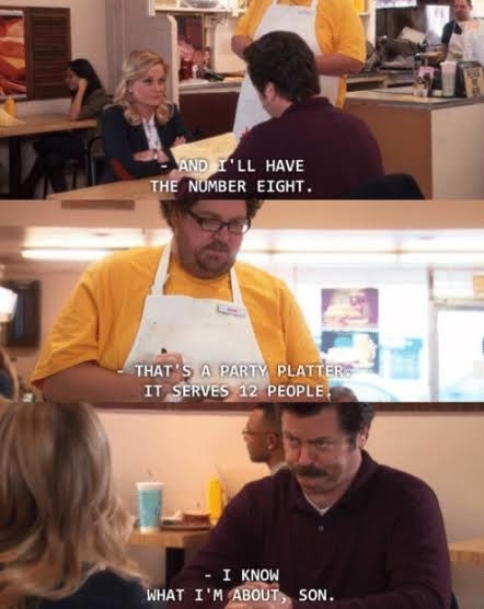 Ron Swanson ordering a breakfast platter for one at a restaurant.