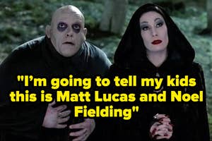 Still from The Addams Family showing Morticia and Fester standing outside looking up at something