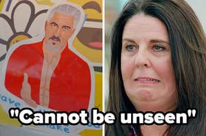 Graphic sticker of Paul Hollywood with abs offering his hand and a contestant on the show looking uneasy in a close up captions reads cannot be unseen
