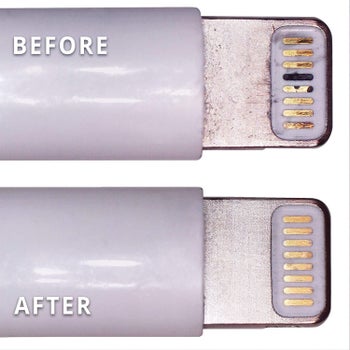 before photo of an Apple charger coated in dirt next to an after photo of the same charger looking much cleaner