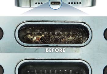 before photo of an iPhone port with dirt, hair, and other gunk in it next to an after photo of the port totally clean of all debris