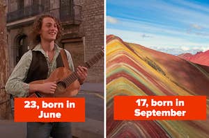 一个男人在左边，拿着吉他标有“ 23岁，六月出生”的吉他，在右边的秘鲁景色，17岁，九月出生于9月”。