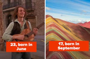 A man is on the left holding a guitar labeled, "23, born in June" with a view of Peru on the right labeled, 17, born in September"