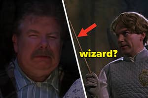 A muggle is on the left scrunching his face with a professor holding a wand labeled, "wizard?"