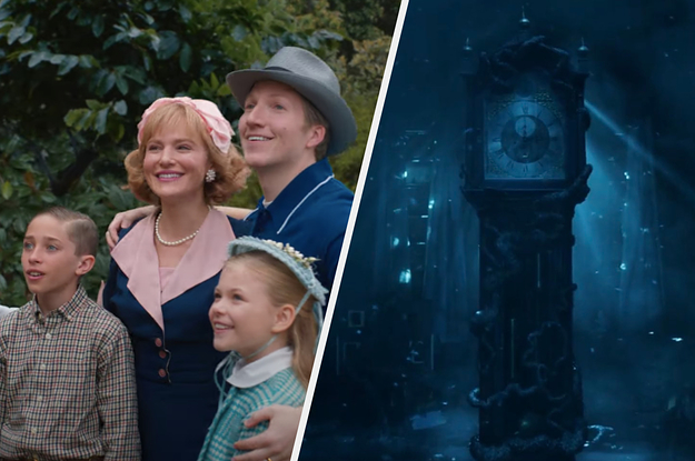 A family of four side by side with a very creepy clock