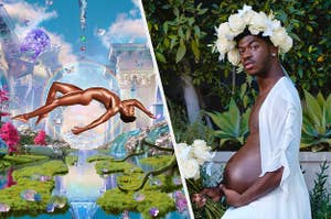 Lil Nas X's Montero album cover and a photo of him with a pregnant belly