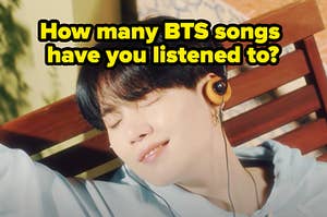 "How many BTS songs  have you listened to?" is written over a member on the bench