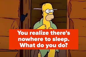 Homer Simpson is walking out a cabin labeled, "You realize there's nowhere to sleep. What do you do?"