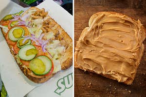 A Subway chicken sandwich is on the left with a slice of peanut butter on bread on the right