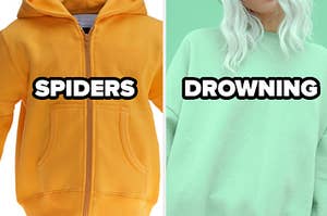 A hoodie on the left is labeled, "Spiders" and on the right, "drowning"