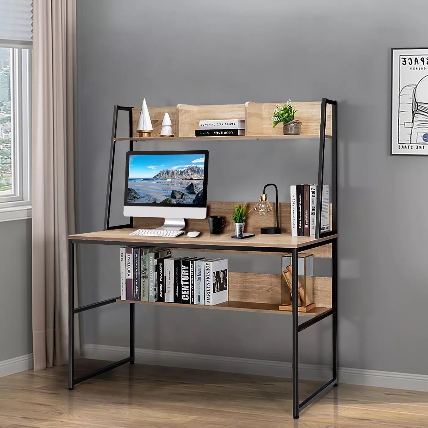 The natural wood and metal frame desk