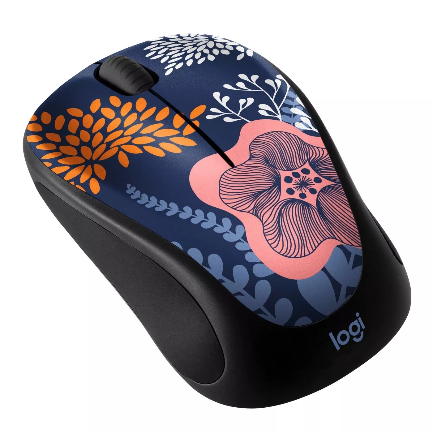The blue and black Logitech mouse with a flower pattern