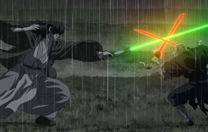 two jedis fight with their lightsabers