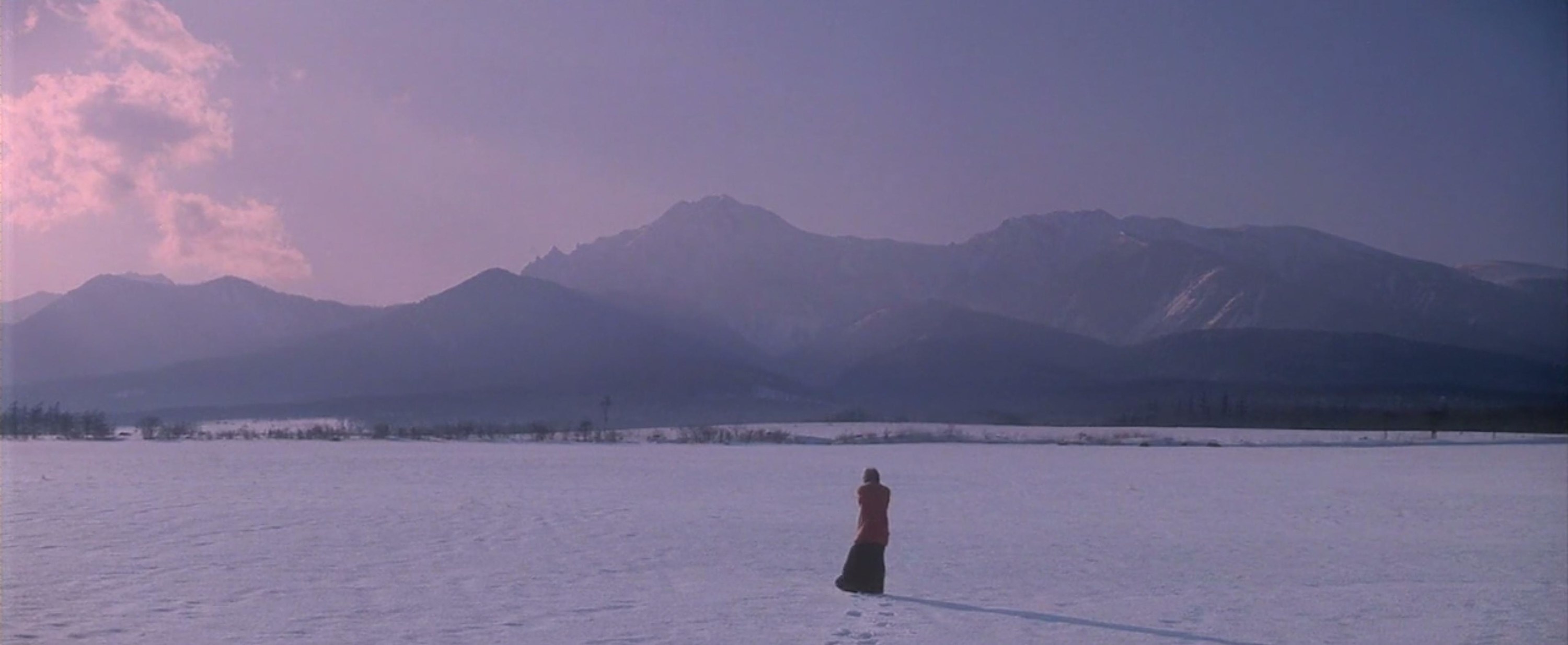 person standing in the snow, looking at mountains