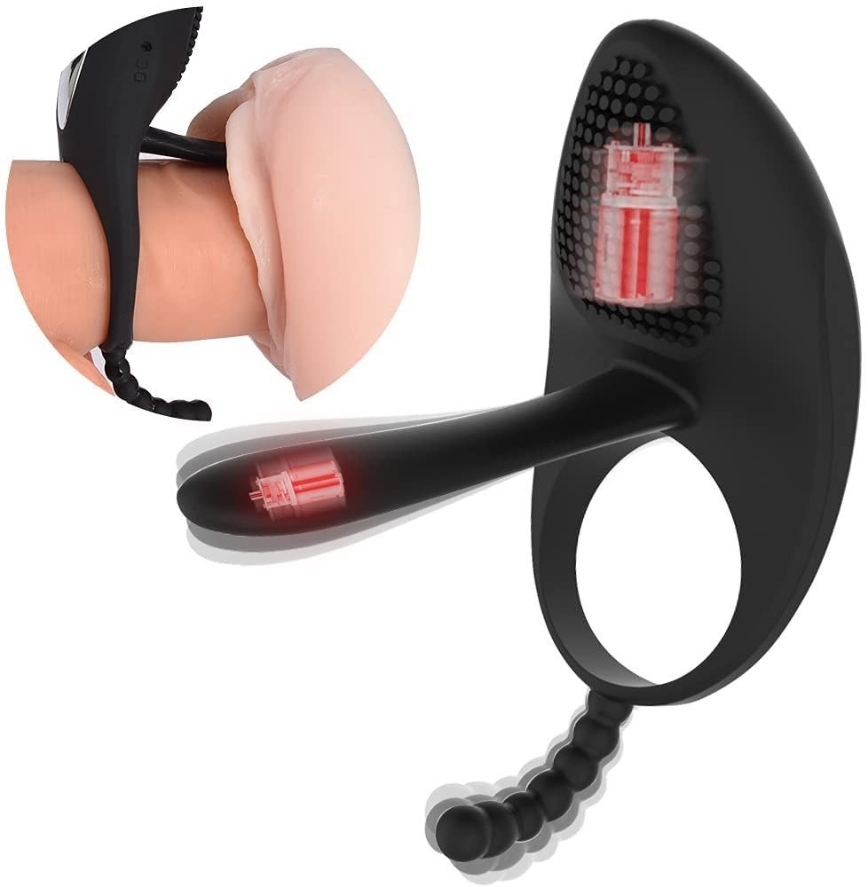 The vibrating ring around the head of a model penis with a beaded probe jutting out