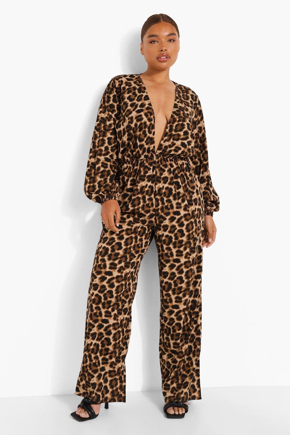 Model wearing leopard jumpsuit