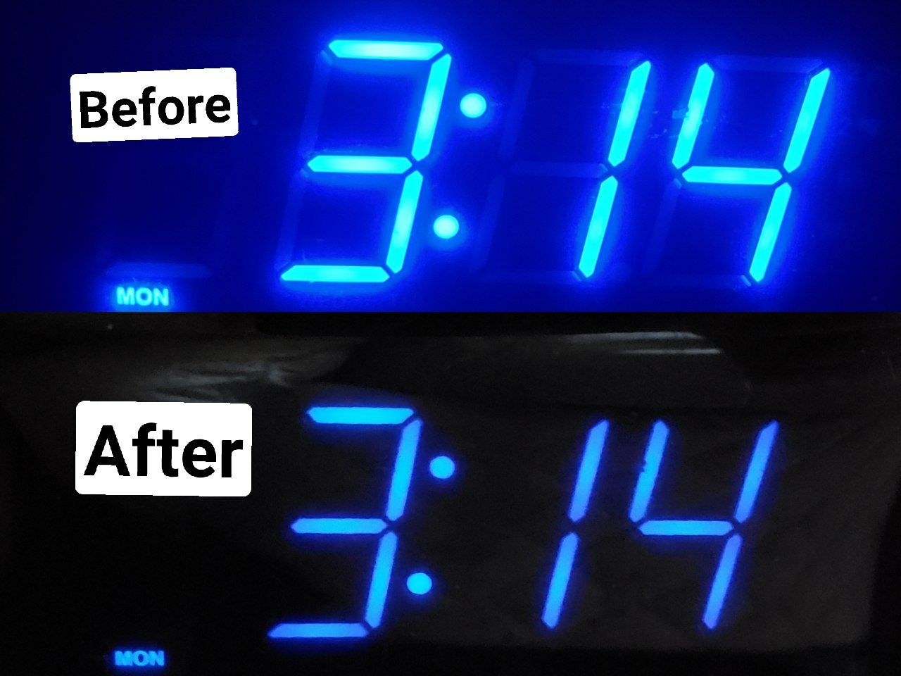 reviewer before and after images of a bright LED clock becoming less bright using the dimming stickers