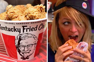 kfc chicken on the left and nicole richie eating burger king on the right