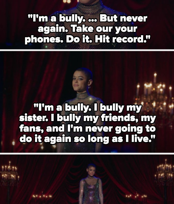 Julien from Gossip Girl says she was a bully, but not anymore and will never do it again, asking everyone to record her speech