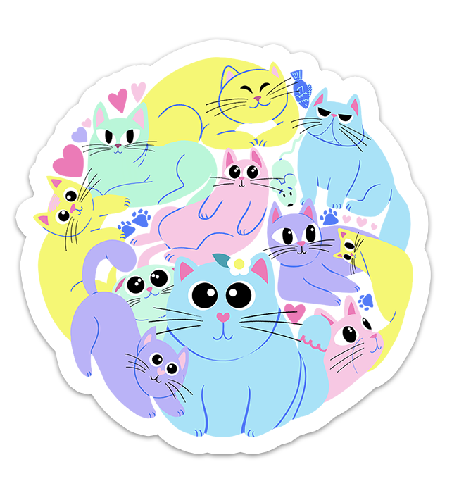round sticker with lots of pastel cartoon cats, hearts, and paw prints, a mouse and a fish