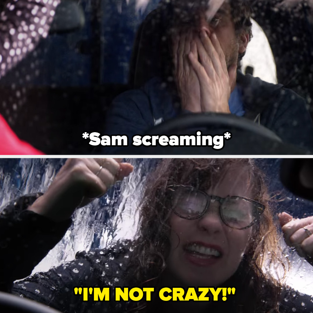 Sam screaming as Jess on his window in the car wash yells &quot;I&#x27;m not crazy!&quot;