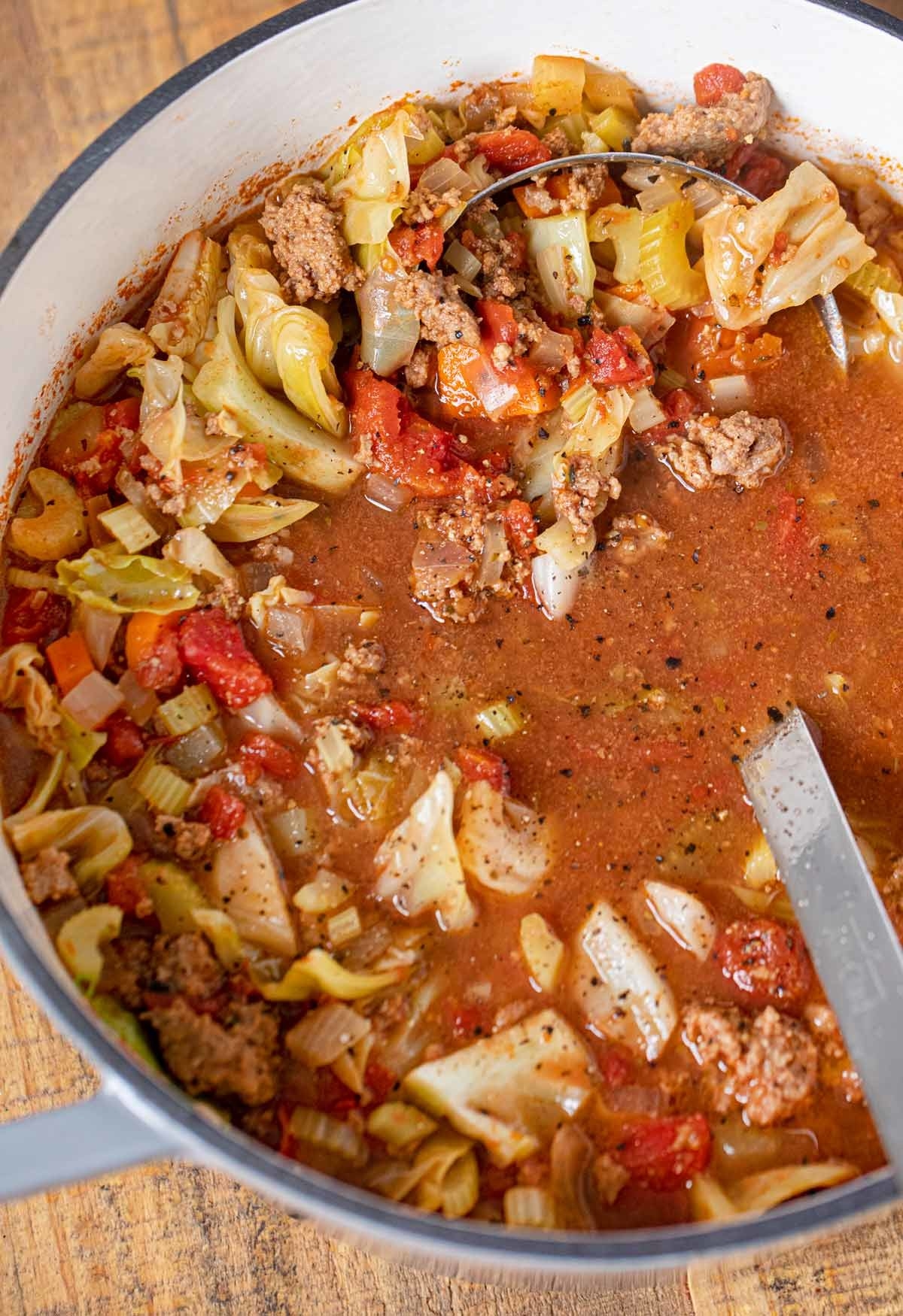 Ground beef and cabbage soup in a pot