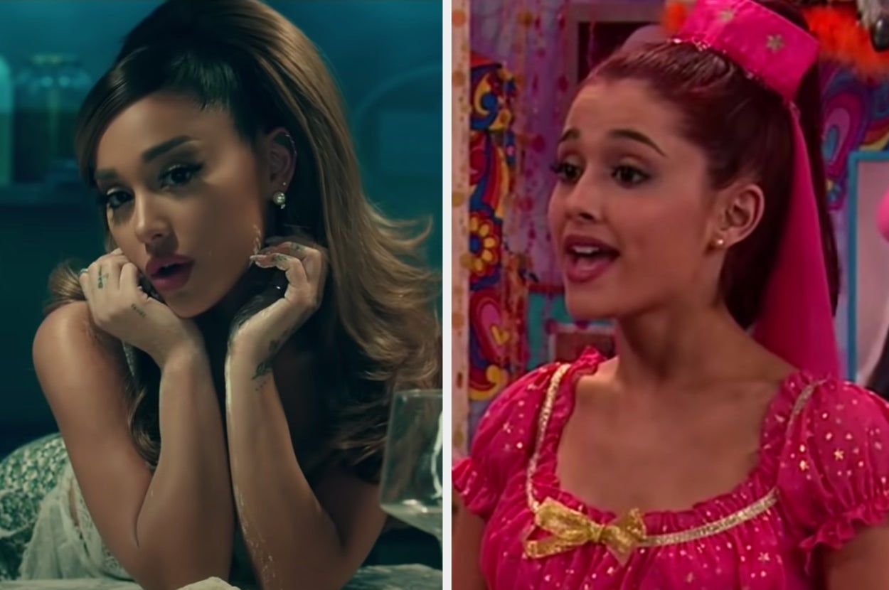 Ariana Grande is posing in a video on the left with Cat Valentine on the right