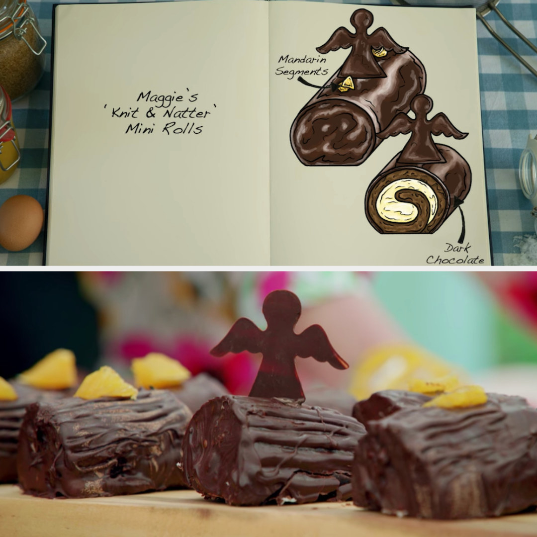 Maggie&#x27;s mini rolls decorated with mandarin segments and dark chocolate angels side by side with their drawing