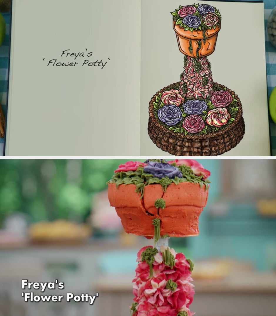 Freya&#x27;s anti-gravity cake decorated to look like a flower pot side by side with its drawing