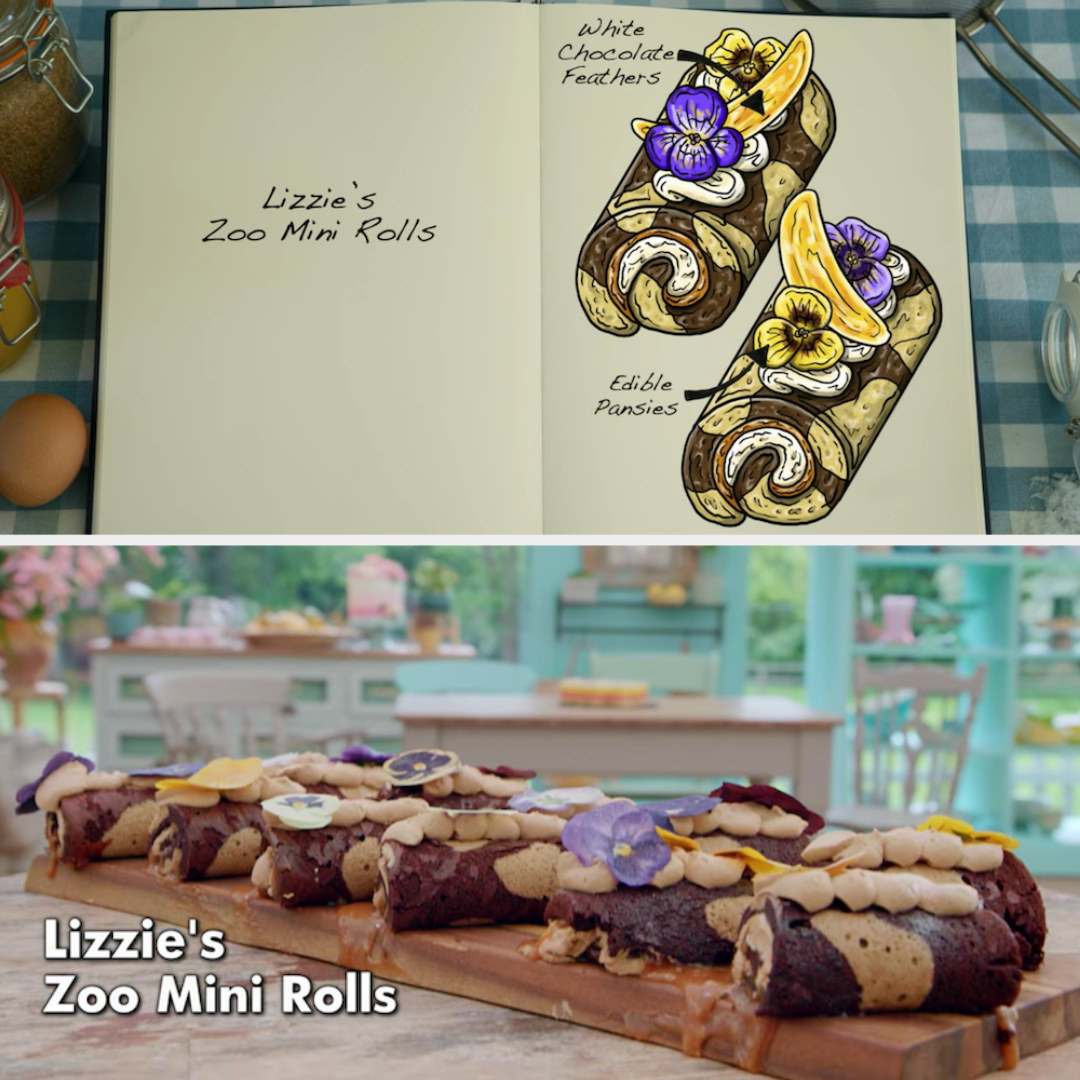 Lizzie&#x27;s mini rolls decorated with edible pansies and chocolate feathers side by side with their drawing