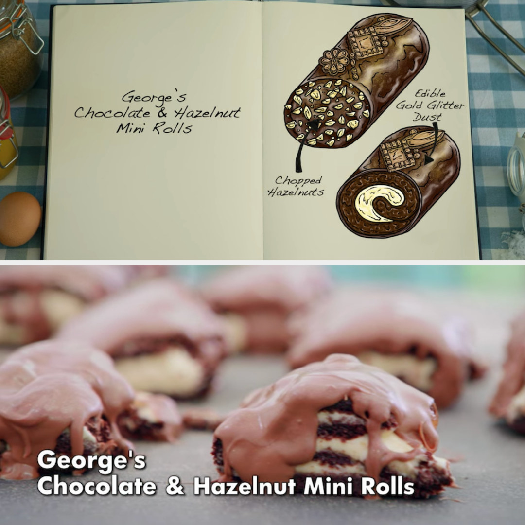 George&#x27;s mini rolls decorated with edible gold glitter dust and chopped hazelnuts side by side with their drawing