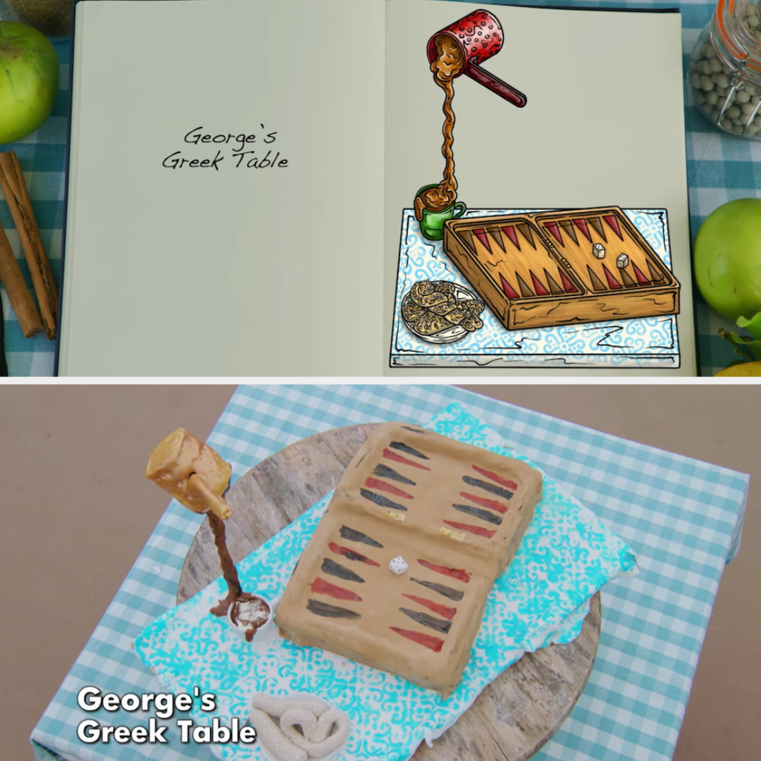 George&#x27;s anti-gravity cake designed to look like a backgammon board and a coffee pot pouring into a mug side by side with its drawing