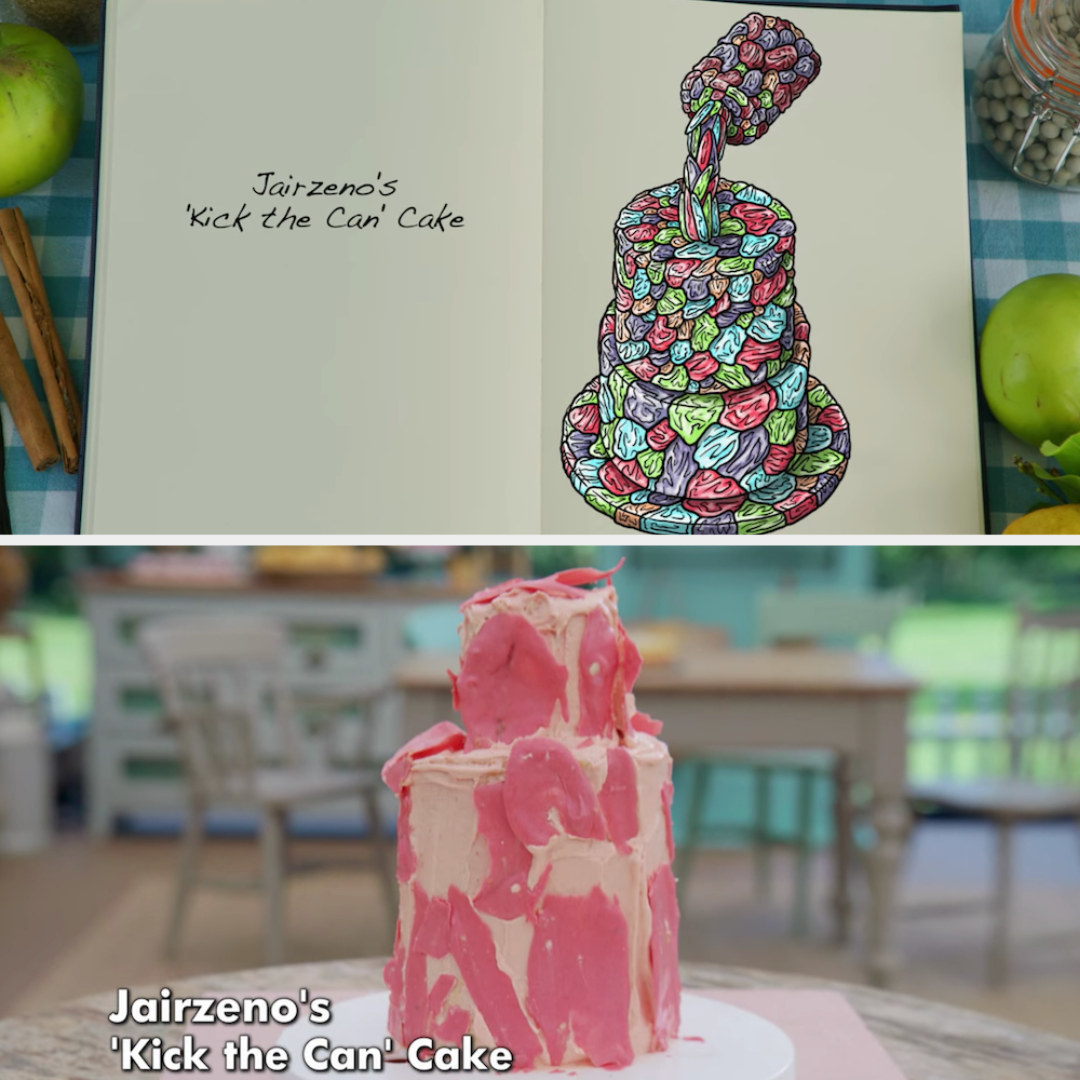 Jairzeno&#x27;s anti-gravity cake decorated to look like a paint can pouring out paint side by side with its drawing