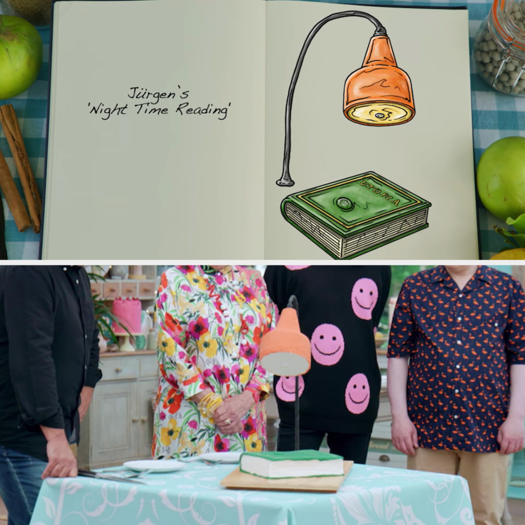 Jürgen&#x27;s anti-gravity cake designed to look like a lamp and book side by side with its drawing