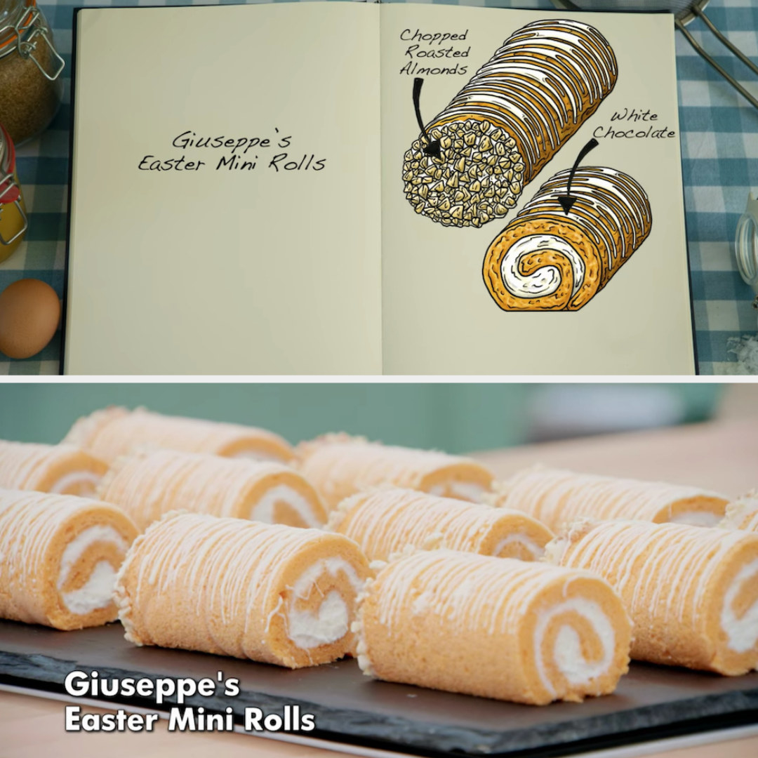 Giuseppe&#x27;s mini rolls decorated with chopped roasted almonds and white chocolate side by side with their drawing