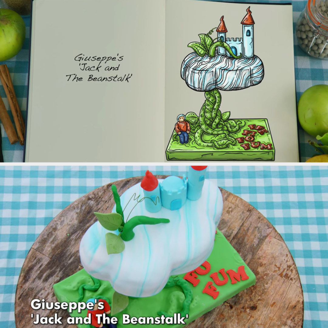 Giuseppe&#x27;s anti-gravity cake of Jack and the Beanstalk made out of fondant detailing  side by side with its drawing