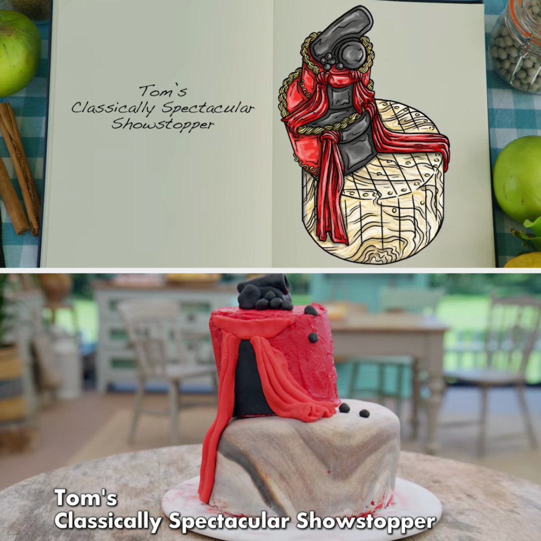 Toms&#x27;s anti-gravity cake decorated to look like a flower pot side by side with its drawing