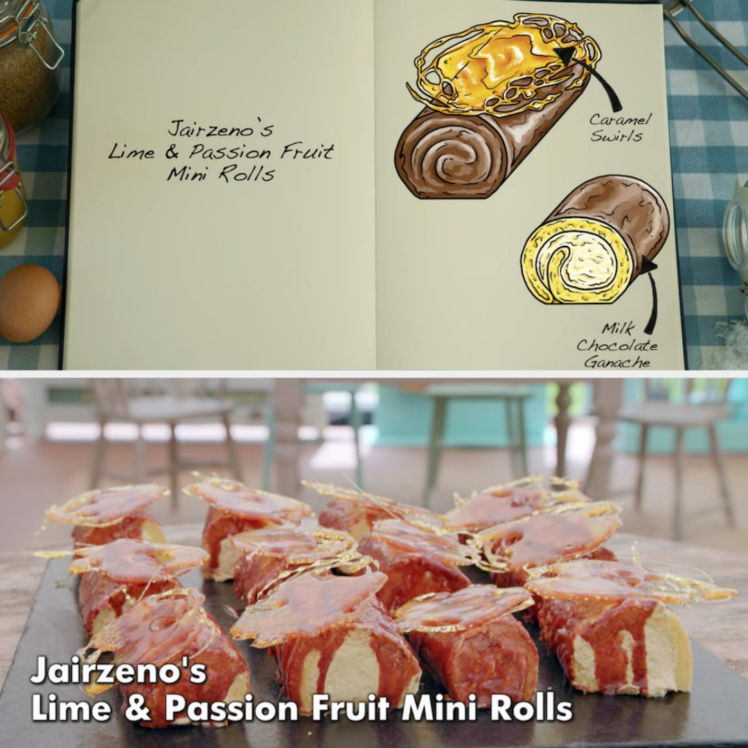 Jairzeno&#x27;s mini rolls decorated with caramel swirls and milk chocolate ganache side by side with their drawing