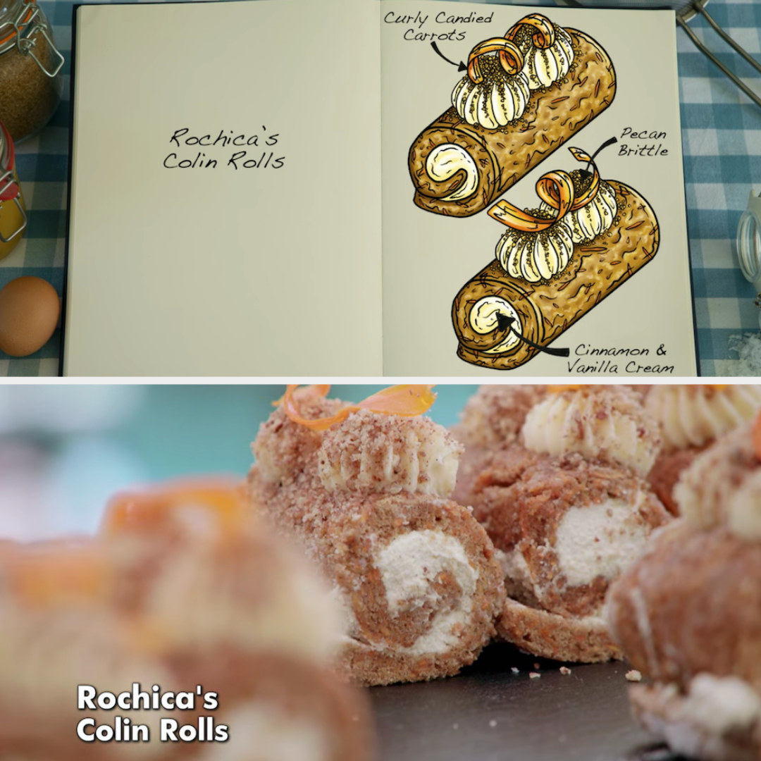 Rochica&#x27;s mini rolls decorated with curly candied carrots and pecan brittle side by side with their drawing