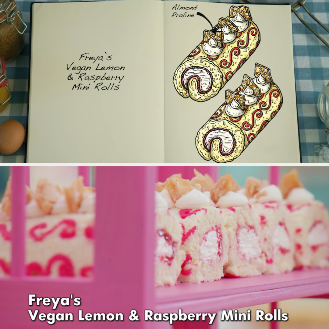 Freya&#x27;s mini rolls decorated with almond praline and raspberry swirls side by side with their drawing