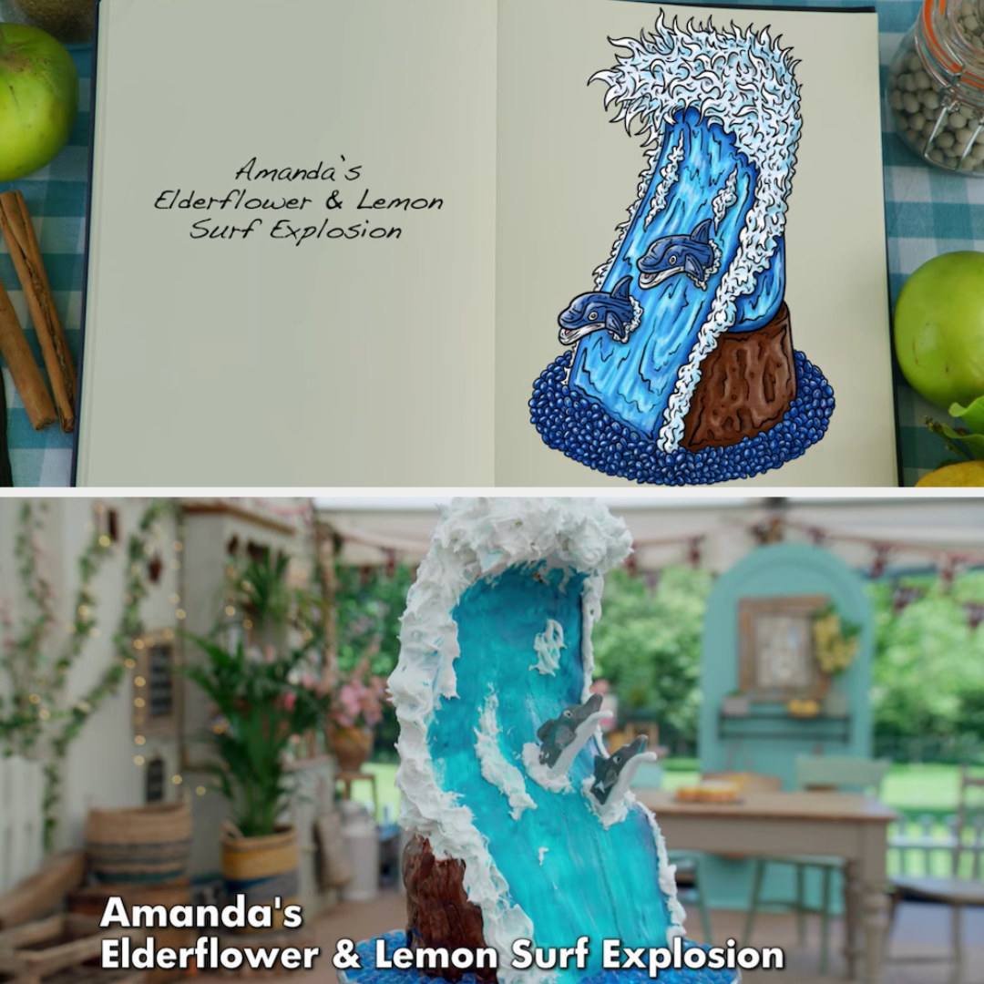 Amanda&#x27;s anti-gravity cake decorated to look like dolphins in the surf at sea side by side with its drawing