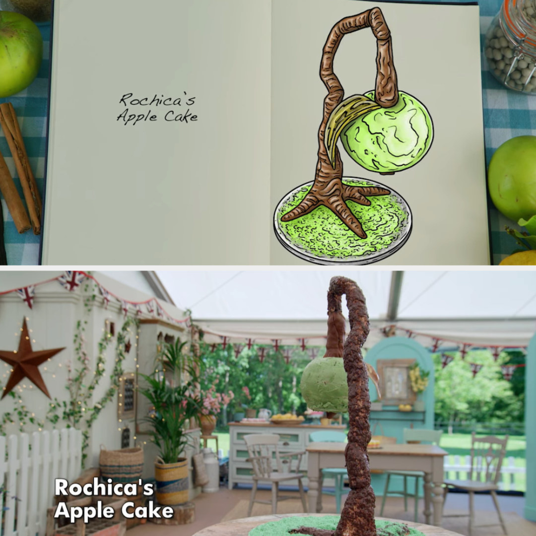 Rochica&#x27;s anti-gravity cake decorated to look like an apple hanging from a tree side by side with its drawing