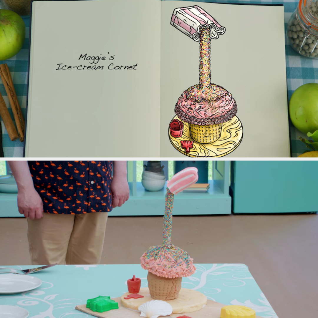 Maggie&#x27;s anti-gravity cake decorated to look like an ice cream cornet side by side with its drawing