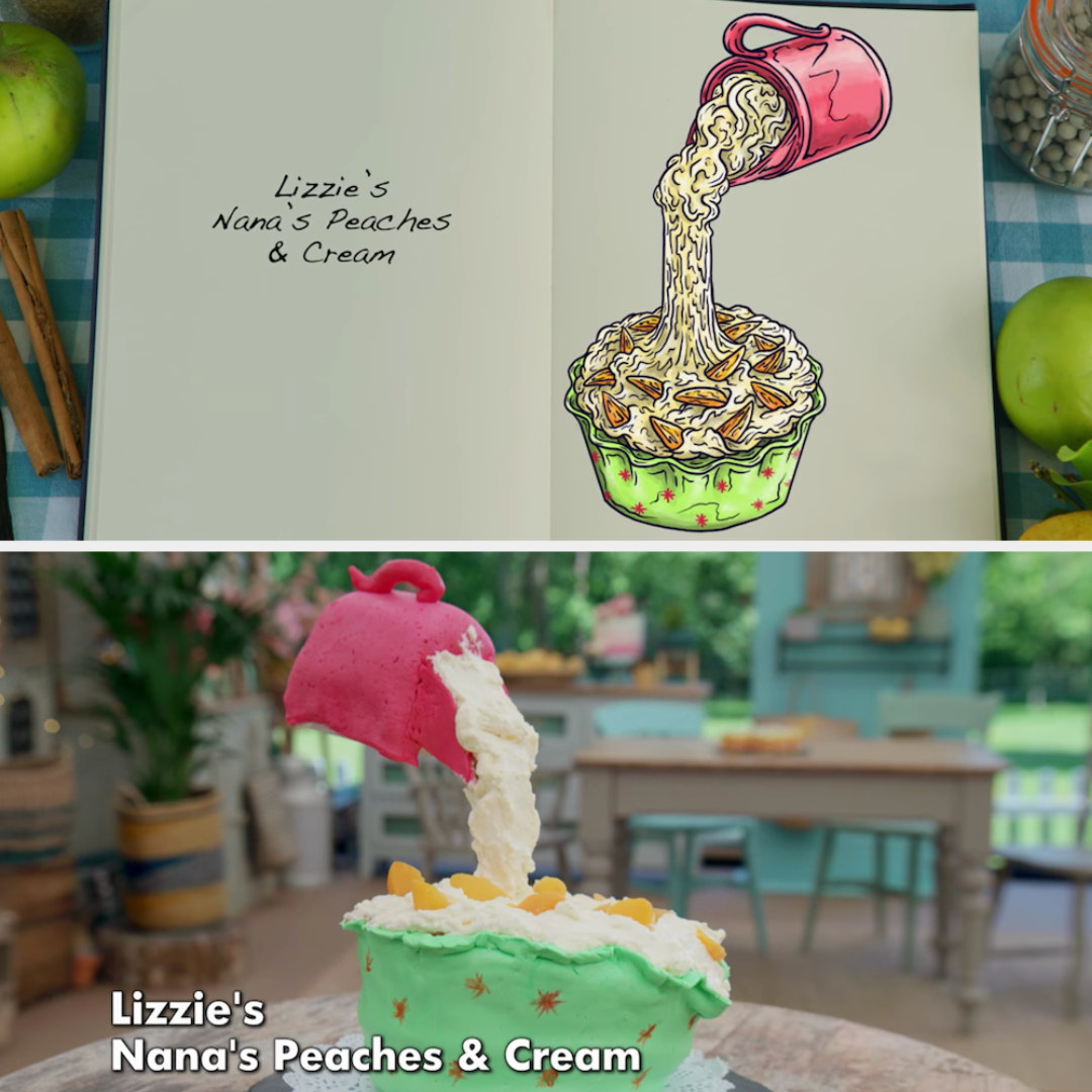 Lizzie&#x27;s anti-gravity cake decorated to look like a peach pie with cream pouring from a mug side by side with its drawing